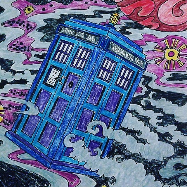 A colored pencil and crayon drawing of The Doctor's TARDIS in space