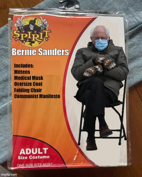 Bernie Sanders is sitting on a folding chair. He's wearing mittens, a medical mask, and an oversize winter coat. He has a copy of the communist manifesto in his pocket.