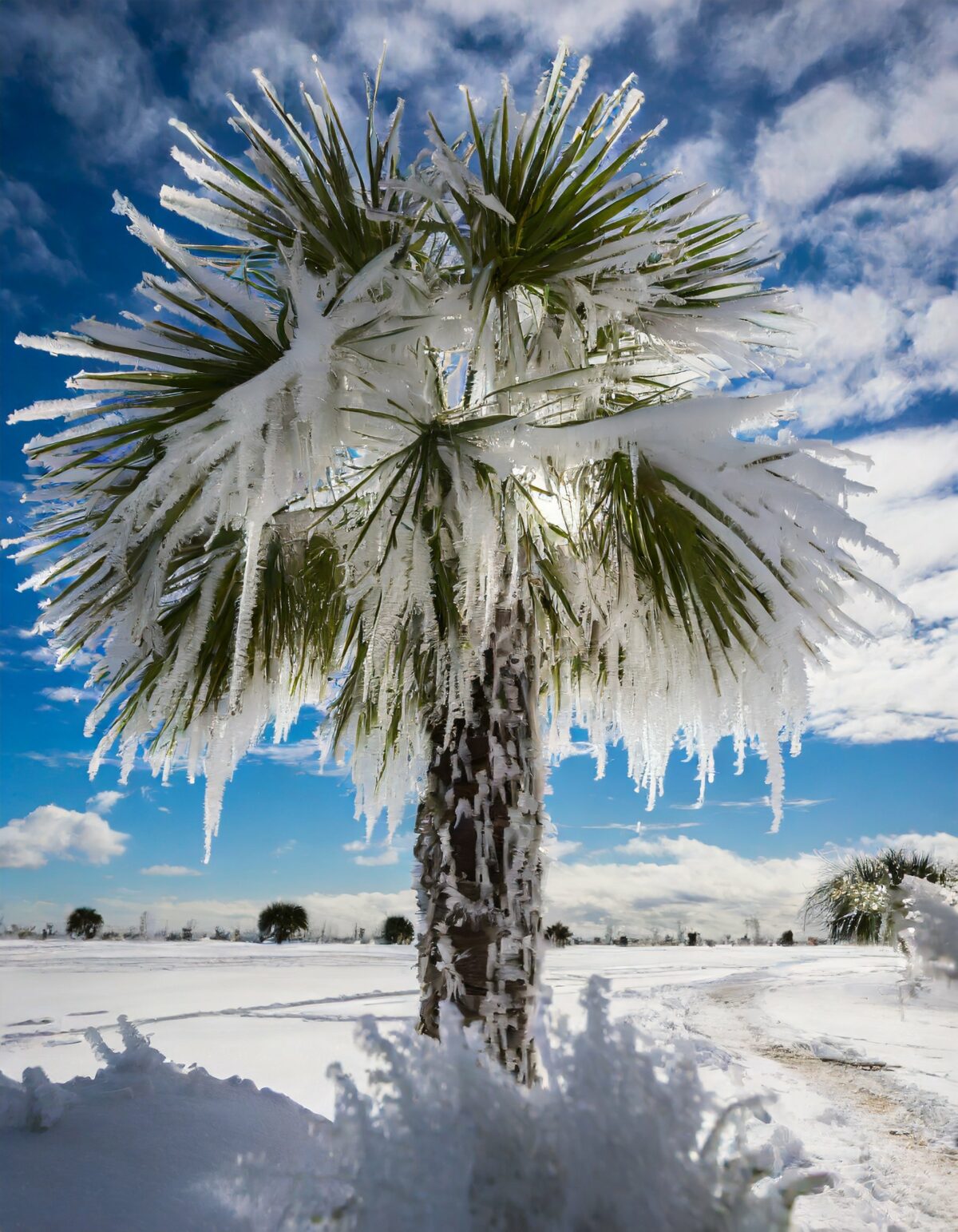 Palmetto tree covered in ice. Bright blue sky with fluffy clouds. 