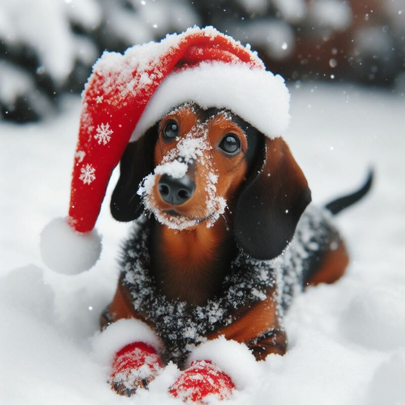 Daschund dog covered with snow wearing a Santa hat